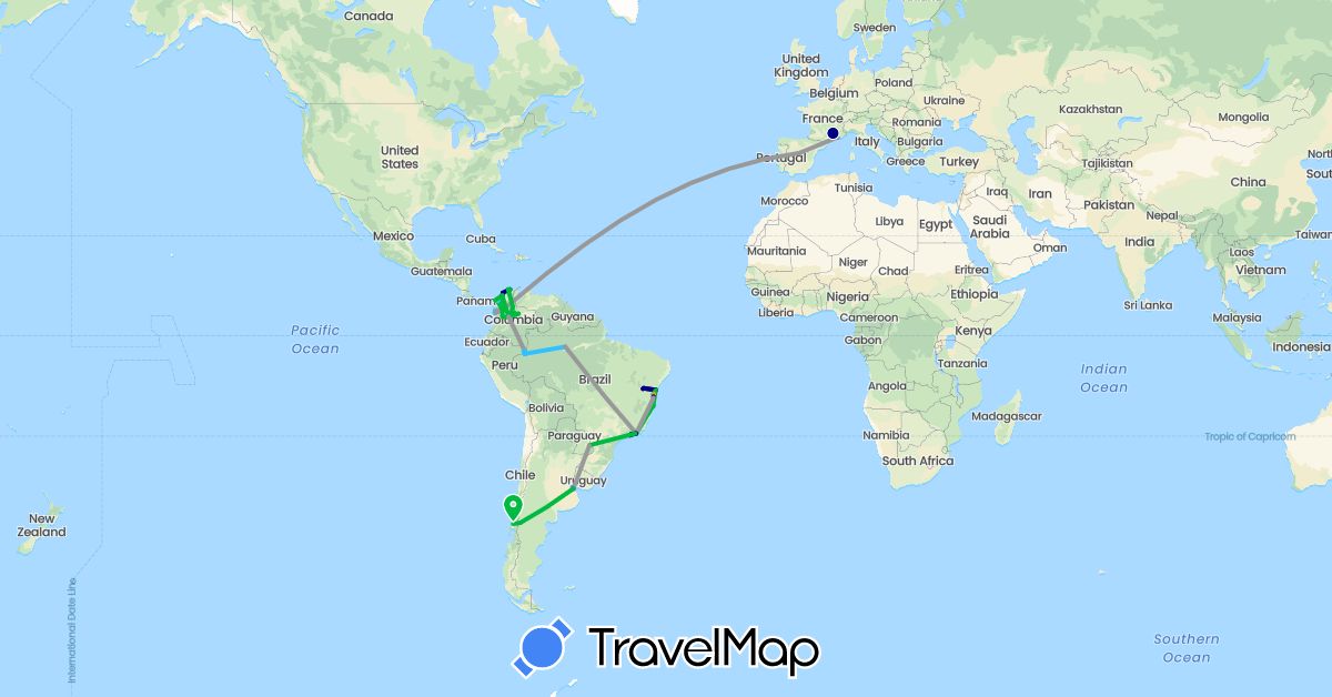 TravelMap itinerary: driving, bus, plane, train, boat, hitchhiking in Argentina, Brazil, Chile, Colombia, Spain, France (Europe, South America)